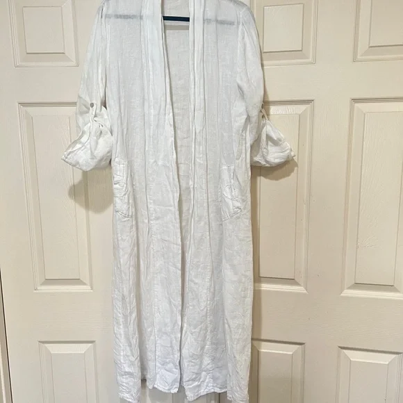 Made in Italy linen white Open Long Cardigan Pocket Lagenlook Beach relaxed SZ M - Picture 3 of 15